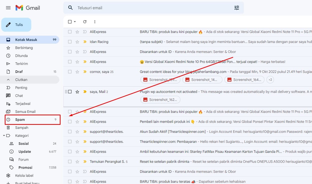 cara melihat spam di Gmail